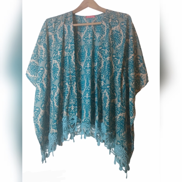 Emma's Closet Shawl Kimono Wrap teal tan print intricate chandelier fringe - Picture 13 of 13